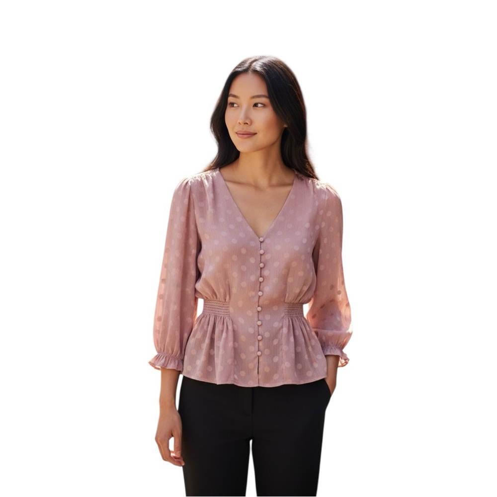 MINE Rose Button Front with Polka Dot Pattern Lace Details size Medium Blouse